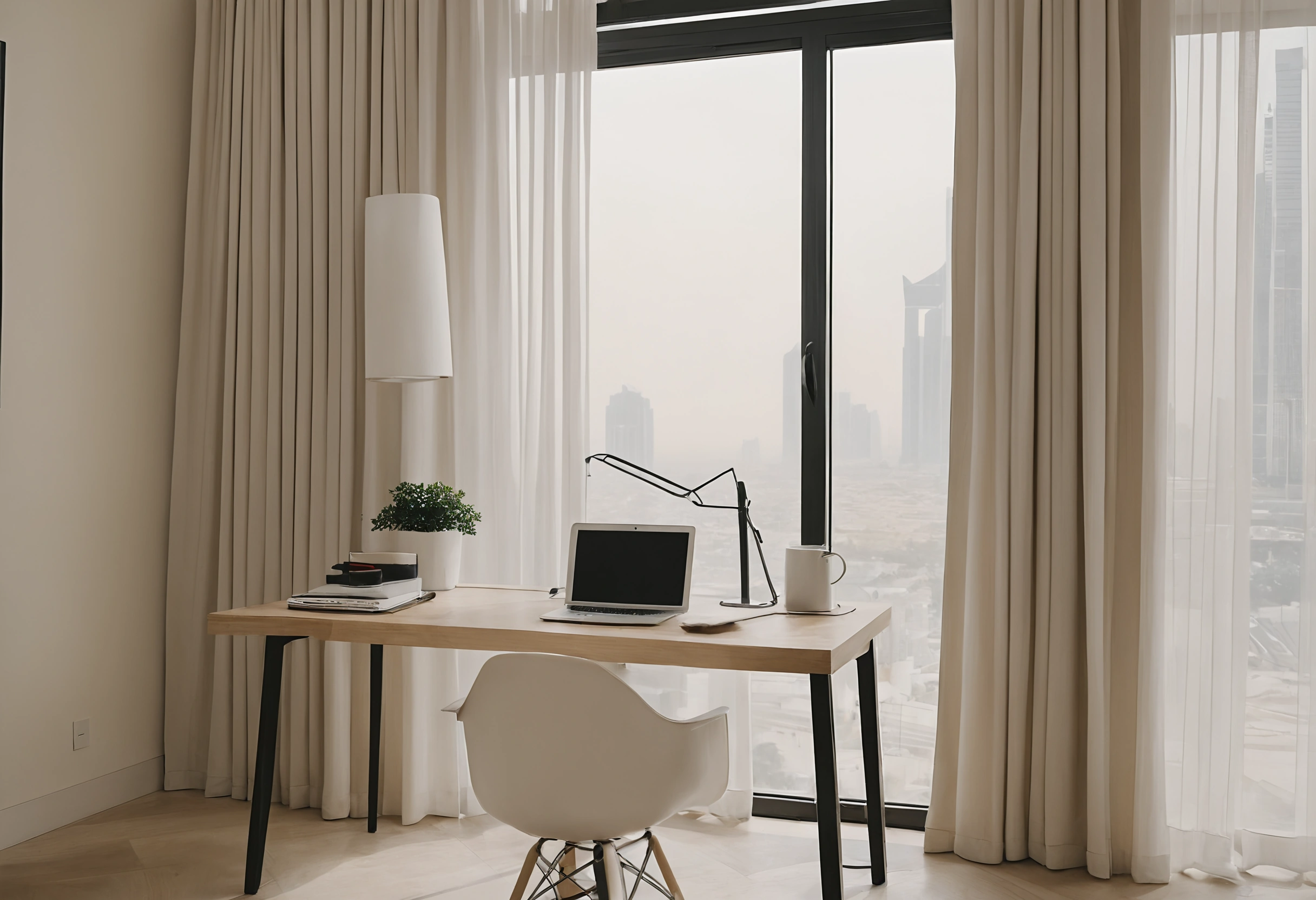 Minimal desk with a laptop, task lamp and white chair in front of sheer curtains and a hazy Dubai skyline