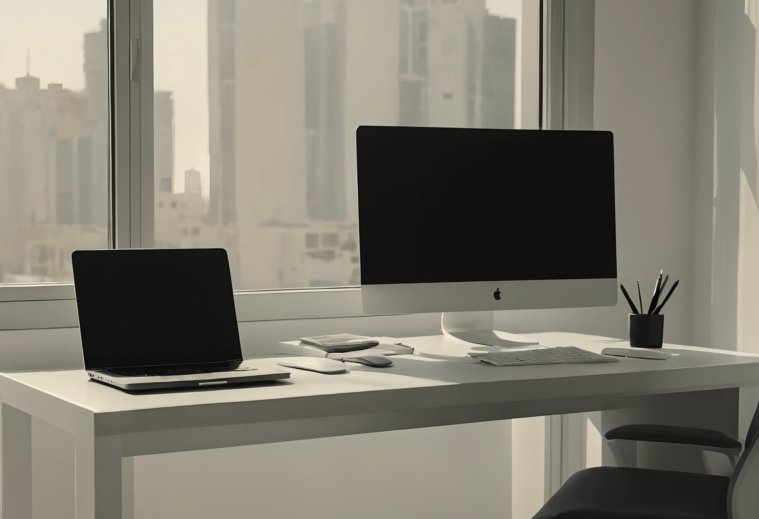 Laptop and large monitor on a white desk by a window over Dubai low-rise buildings